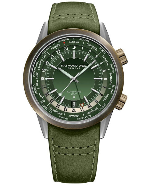 Men's Swiss Automatic Freelancer GMT Green Leather Strap Watch 41mm
