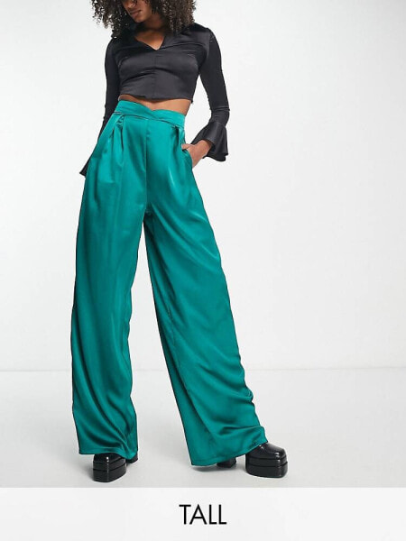 Flounce London Tall satin pleated wide leg trousers in emerald 