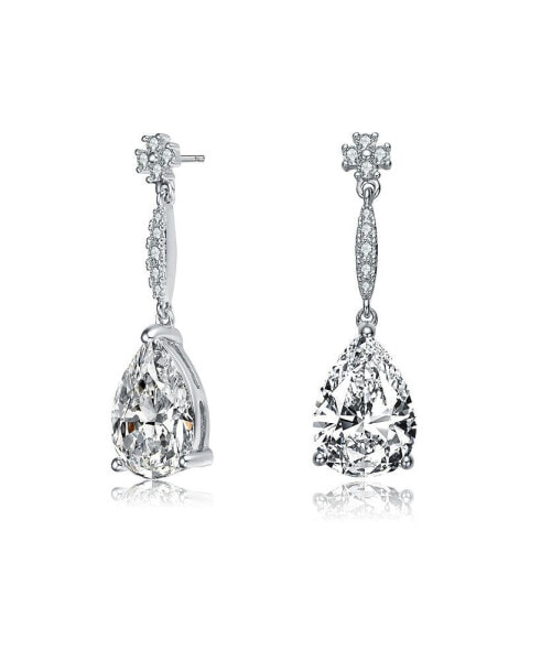 Sterling Silver with Rhodium Plated Clear Pear Cubic Zirconia Solitaire with Accent Drop Earrings