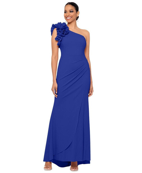 Women's Petite Ruffled One-Shoulder Gown