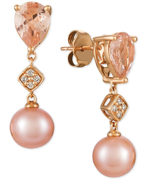 Peach Morganite™ (1-1/2 ct. t.w.), Pink Cultured Freshwater Pearl (9mm), and Diamond Accent Drop Earrings in 14k Rose Gold