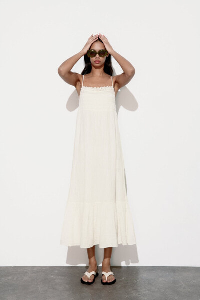 Cotton muslin midi dress with lace trims