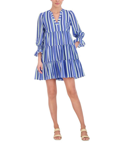 Women's Striped Smocked-Sleeve Tiered Dress