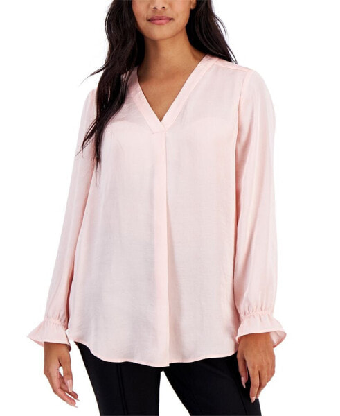 Petite Rumpled Satin V-Neck Long-Sleeve Tunic