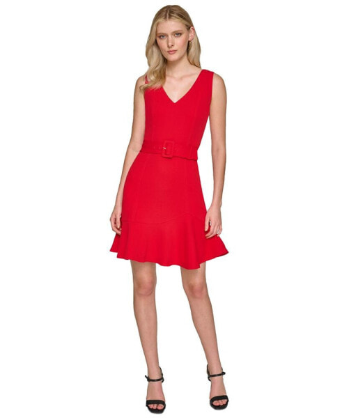 Women's Belted Scuba Crepe Dress