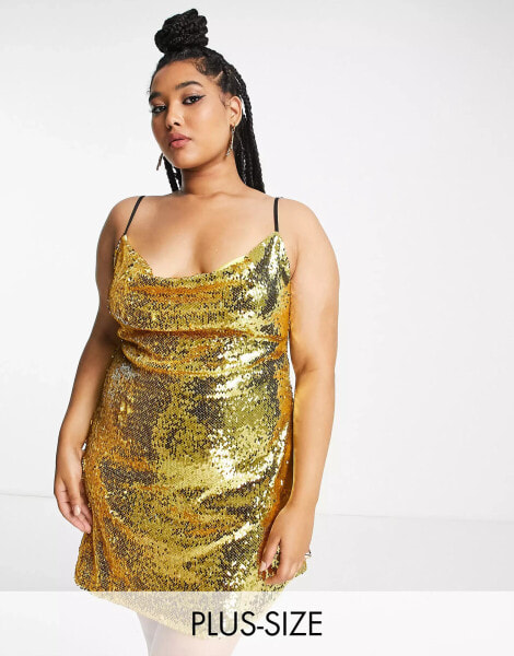 Extro & Vert Plus cowl front mini dress in gold sequin