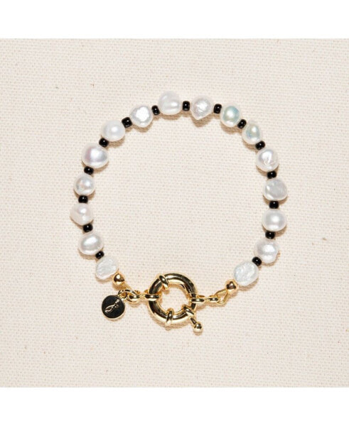 18K Gold Plated Freshwater Pearl with Black Japanese Beads - Victoria Bracelet 7" For Women and Girls