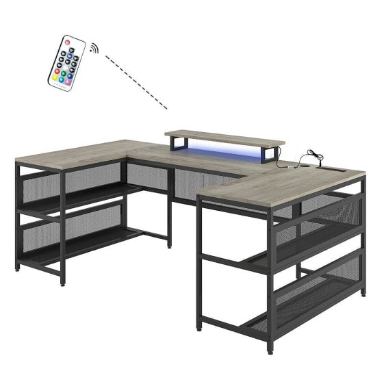 U-Shaped Desk With Shelve And LED Lights