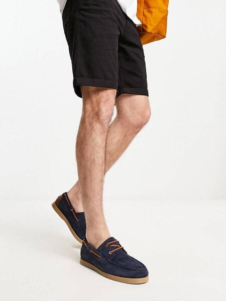 ASOS DESIGN boat shoes in navy suede with natural sole