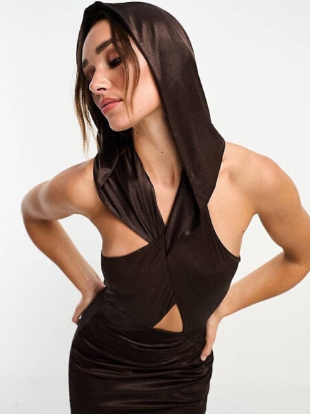 ASOS DESIGN wrap over hood midi dress in chocolate