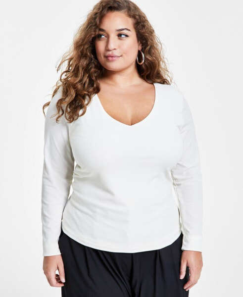 Trendy Plus Size Shine Ribbed V-Neck Top, Created for Macy's