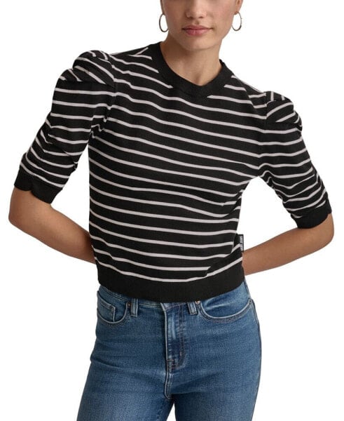 Women's Striped Ruched-Sleeve Crewneck Top