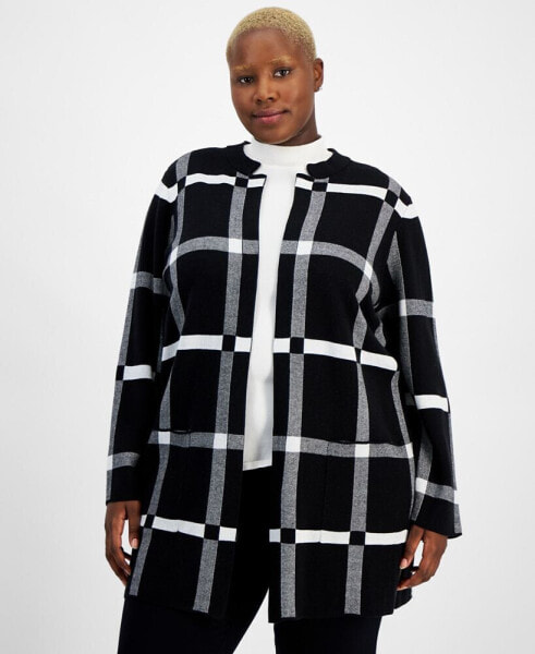 Plus Size Windowpane-Print Open-Front Cardigan