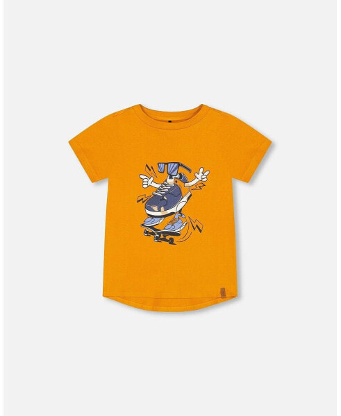 Boy Organic Cotton T-Shirt With Sneaker Print Orange - Child