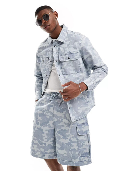 Armani Exchange tonal camo pattern denim overshirt in light blue CO-ORD