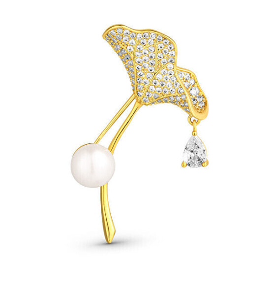 Glittering Gold Plated 2in1 Crystals and Genuine Ginkgo Pearl Brooch JL0837