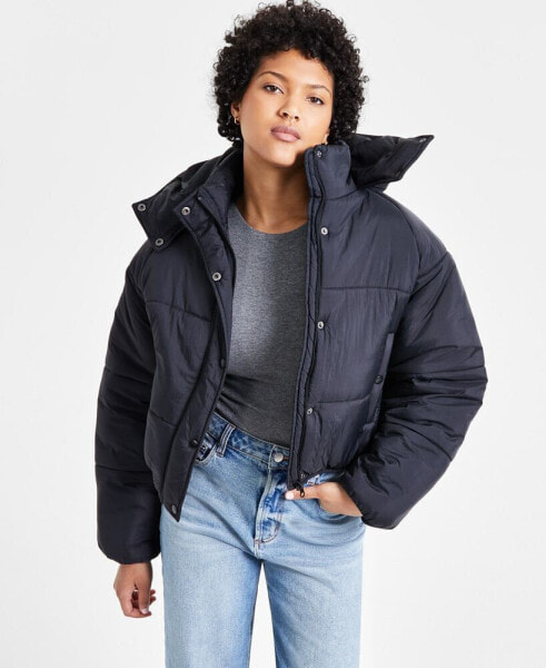 Juniors' Cropped Hooded Puffer Coat