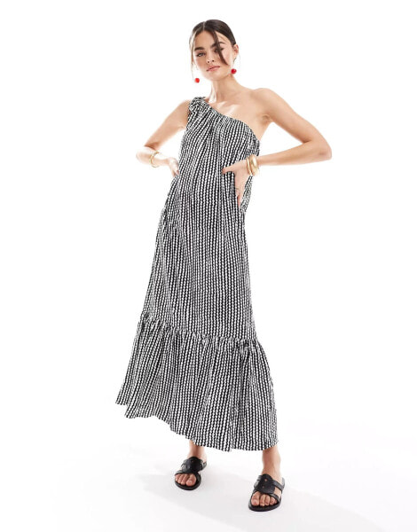 ONLY one shoulder tiered hem maxi dress in black & white wave stripe