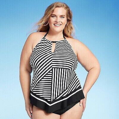 Women's Striped High Neck Keyhole Tankini Top - Kona Sol Black 1X