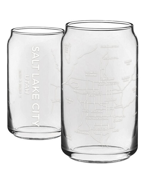 THE CAN Salt Lake City Map 16 oz Everyday Glassware, Set of 2
