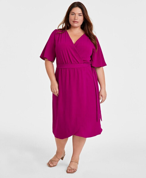 Plus Size V-Neck Butterfly-Sleeve Midi Dress