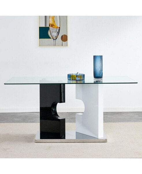 Modern Glass Dining Table for 6-8, Tempered Glass, MDF Bracket