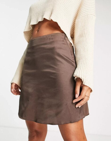 Monki satin mini skirt in brown