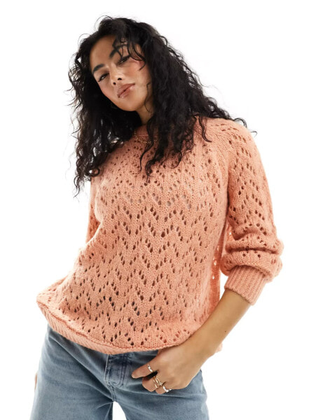 ASOS DESIGN crew neck jumper in loose pointelle stitch in apricot