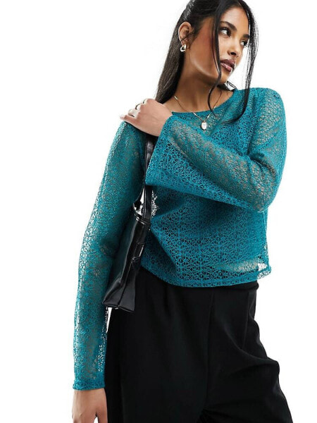 Vero Moda lace overlay long sleeved top with cami lining in deep green