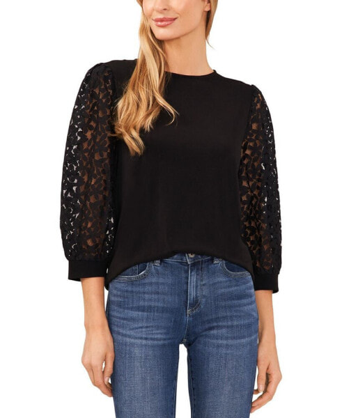 Women's Solid Lace-3/4-Sleeve Knit Crewneck Top