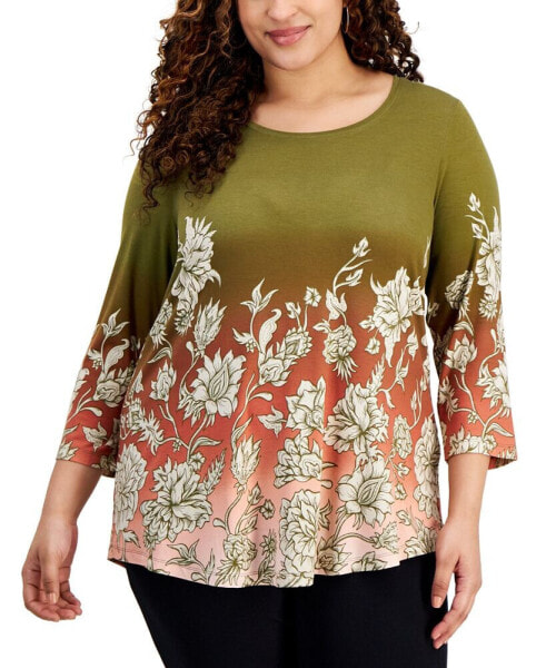 Plus Size Printed Scoop-Neck 3/4-Sleeve Top, Created for Macy's