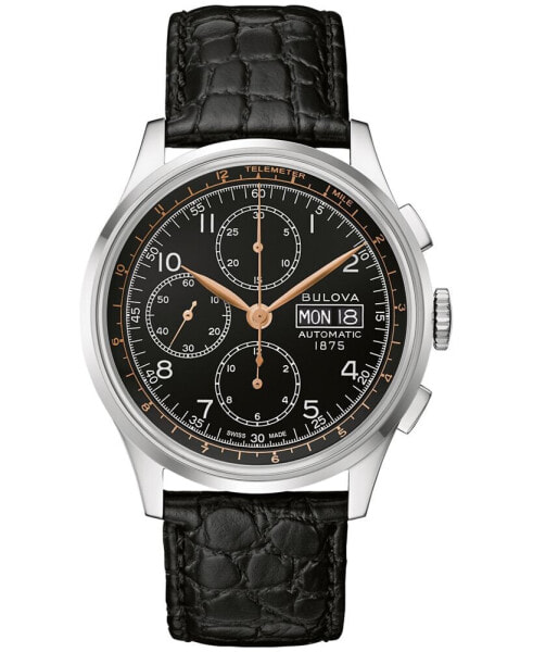 Men's Swiss Automatic Chronograph Joseph Bulova Black Leather Strap Watch 42mm