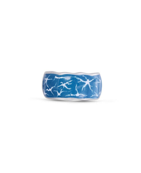 Ocean Waves Design Sterling Silver, Blue Green Enamel Band Men Ring