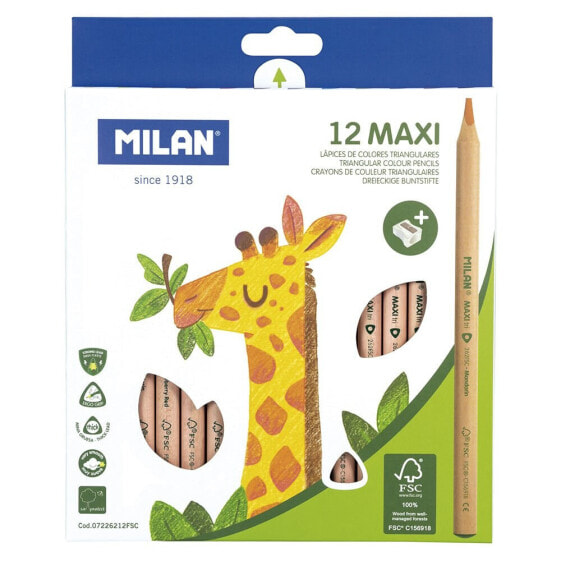Цветные карандаши MILAN 12 цветов MAXI Triangular - дерево сертифицировано FSC® + точилка