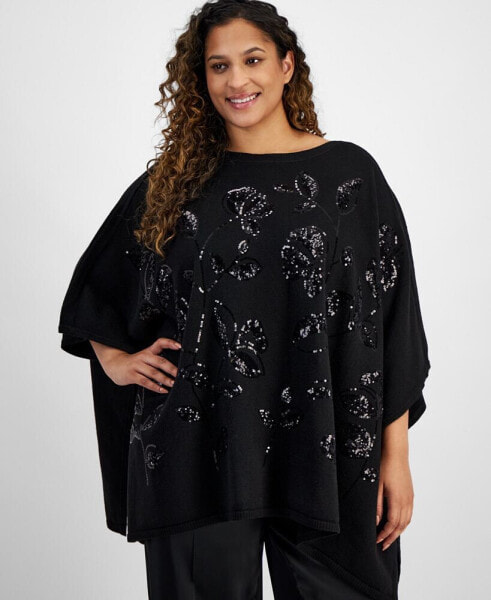 Plus Size Floral Sequined Poncho Sweater