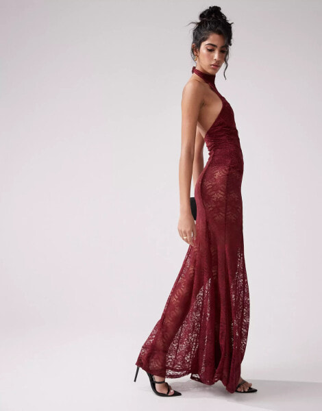 ASOS DESIGN halterneck panelled sheer lace maxi dress in burgundy