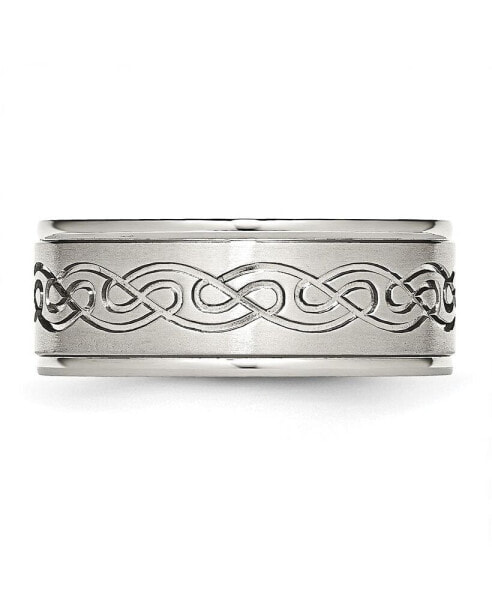 Stainless Steel Brushed Scroll Design Ridged Edge Band Ring