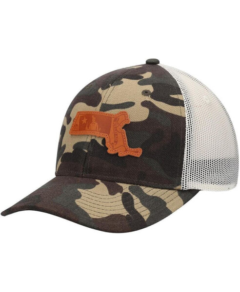 Men's Camo Massachusetts Icon Woodland State Patch Trucker Snapback Hat
