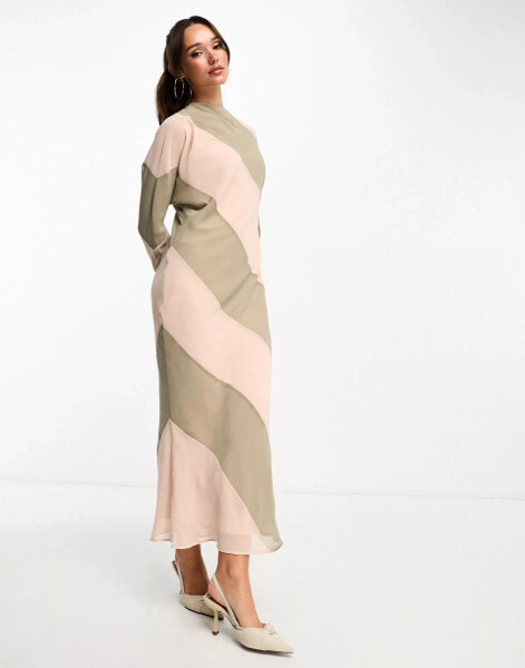 ASOS DESIGN high neck stripe maxi dress in taupe and pink