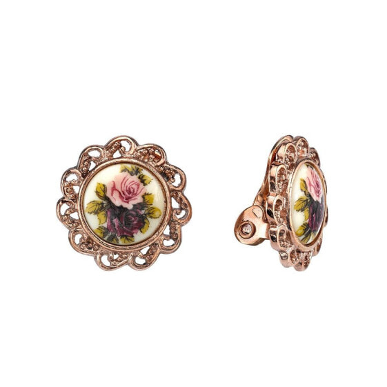 Rose Gold-Tone Flower Round Clip Earrings