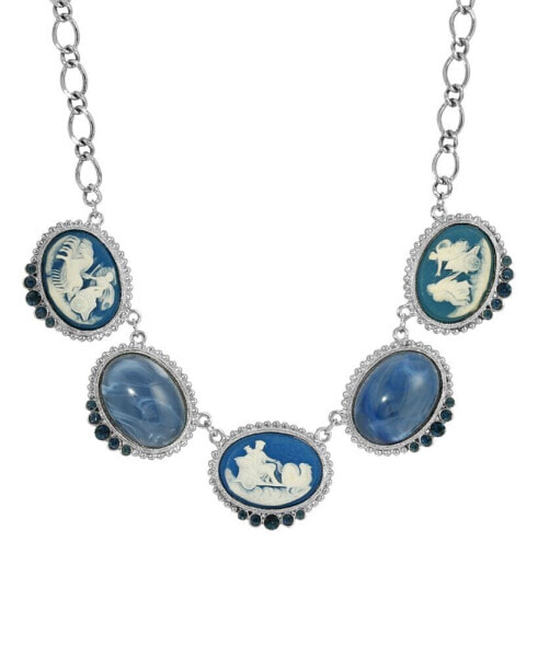 Silver-Tone Chariot Cameo and Montana Stones ADJ Necklace, 16" + 3"