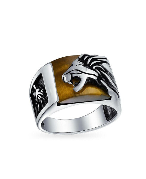 Men's Gemstone Large Roaring Lion Head Ring For Men Solid Oxidized .925 Sterling Silver Handmade In Turkey