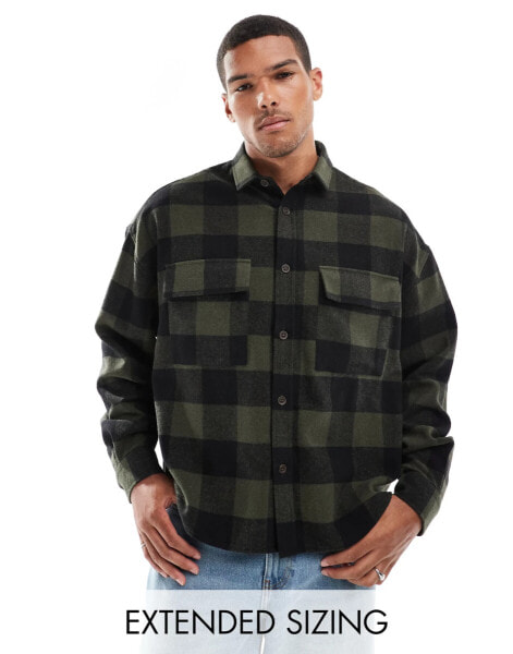 ASOS DESIGN boxy volume oversized shirt in green and black buffalo check