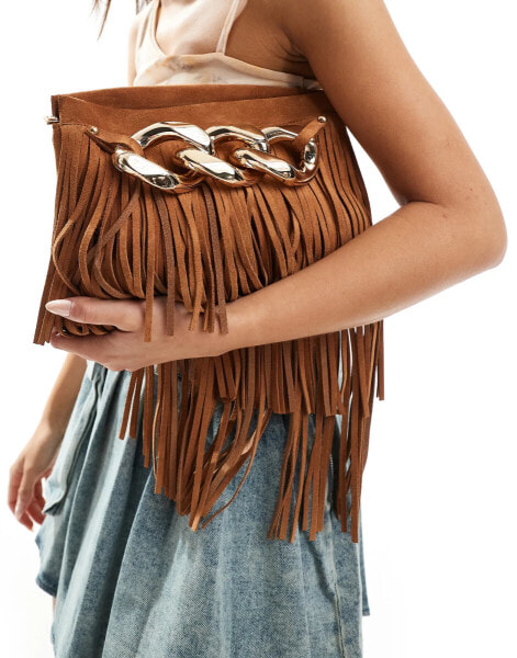 ASOS DESIGN premium suede tassel clutch with chunky chain