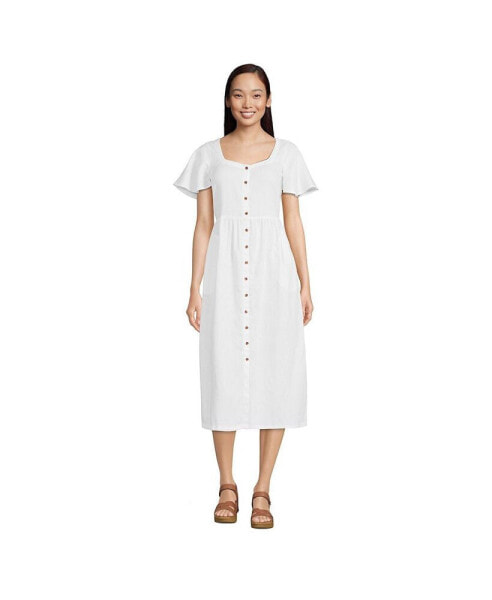 Women's Linen Sweetheart Button Front Midi Dress