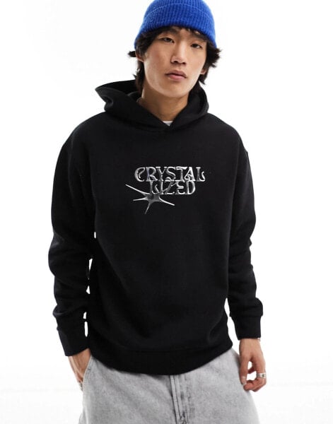 Bershka metallic front printed hoodie in black