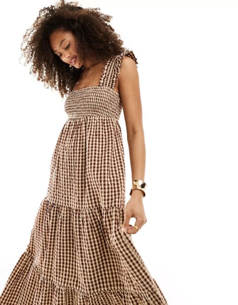 Nobody's Child Maya shirred midaxi dress in brown gingham