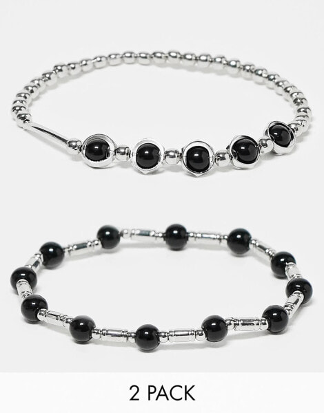 ASOS DESIGN 2 pack beaded bracelet set in black and silver tone