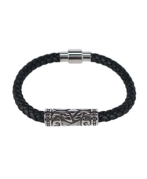 Loose Fit Silver Filigree Pattern on Black Leather Bracelet