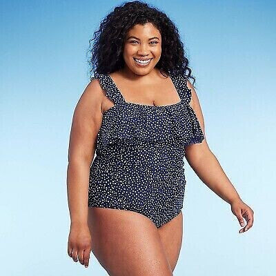 Women's Polka Dot Ruffle Shoulder One Piece Swimsuit - Kona Sol Navy Blue 16